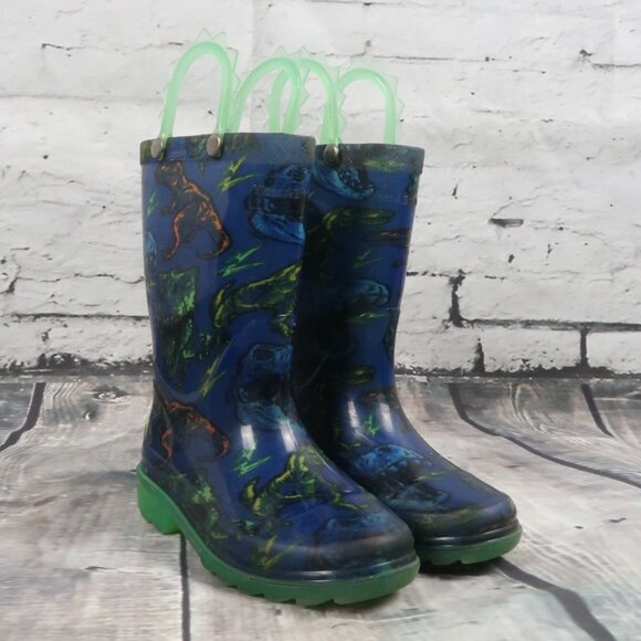 WESTERN CHIEF GREEN & BLUE DINOSAUR LIGHT UP RAIN BOOTS SIZE 8 - Picture 1 of 5